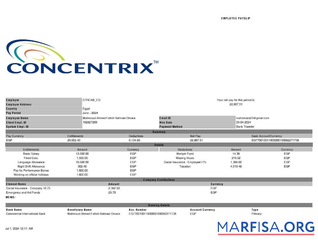 Blank Concentrix payslip download for verification